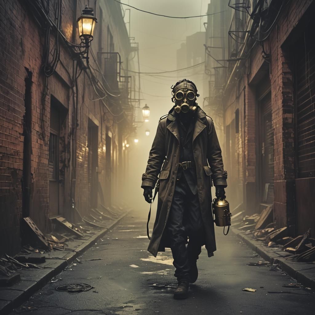 Steampunk Figure in Fog-Shrouded Alleyway