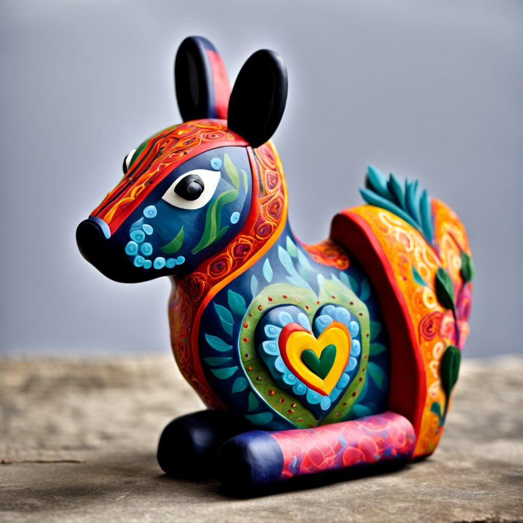 Whimsical Heart Alebrije in Frida Kahlo Style