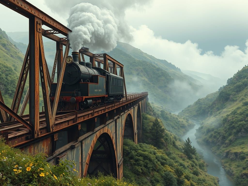 Vintage Steam Train on Rustic Bridge