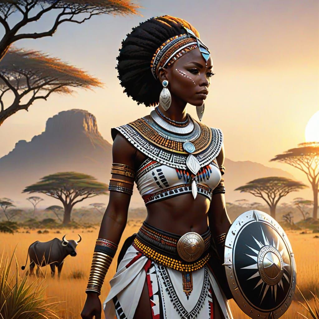 Basoga Princess with Nguni Shield in African Savannah