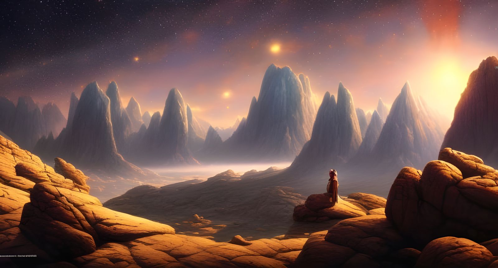 Dreamlike Night Sky Over Rocky Mountain Landscape