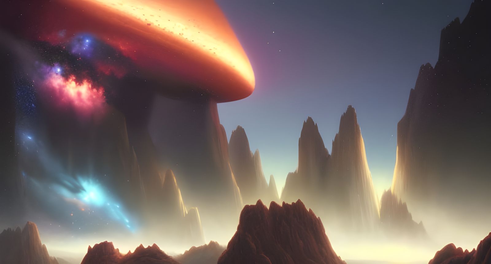 Dreamlike Night Sky Over Rocky Mountain Landscape