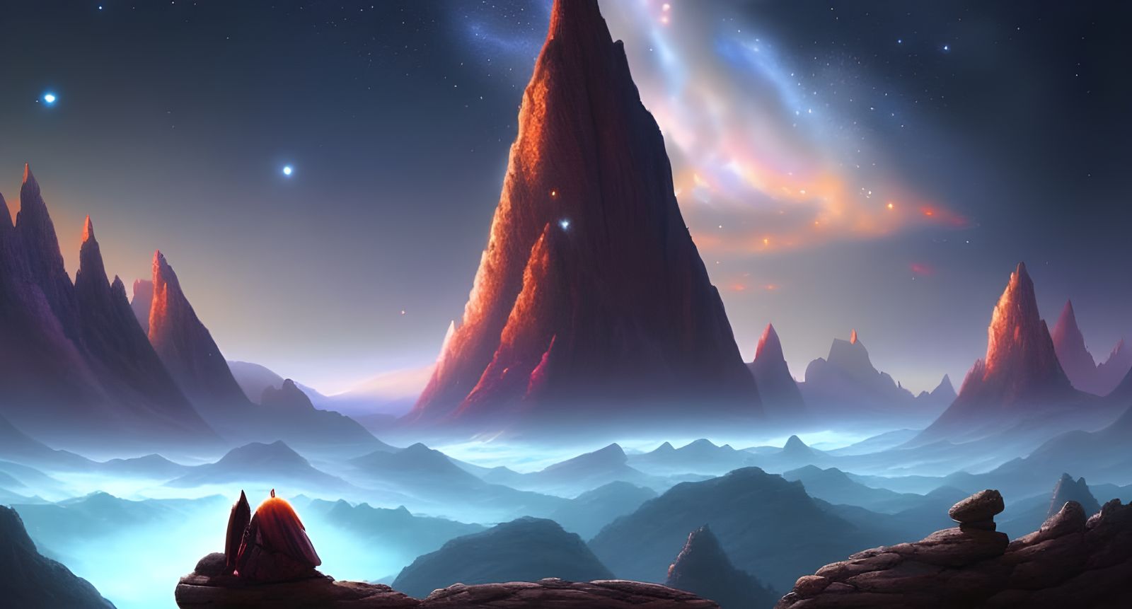 Dreamlike Night Sky Over Rocky Mountain Landscape