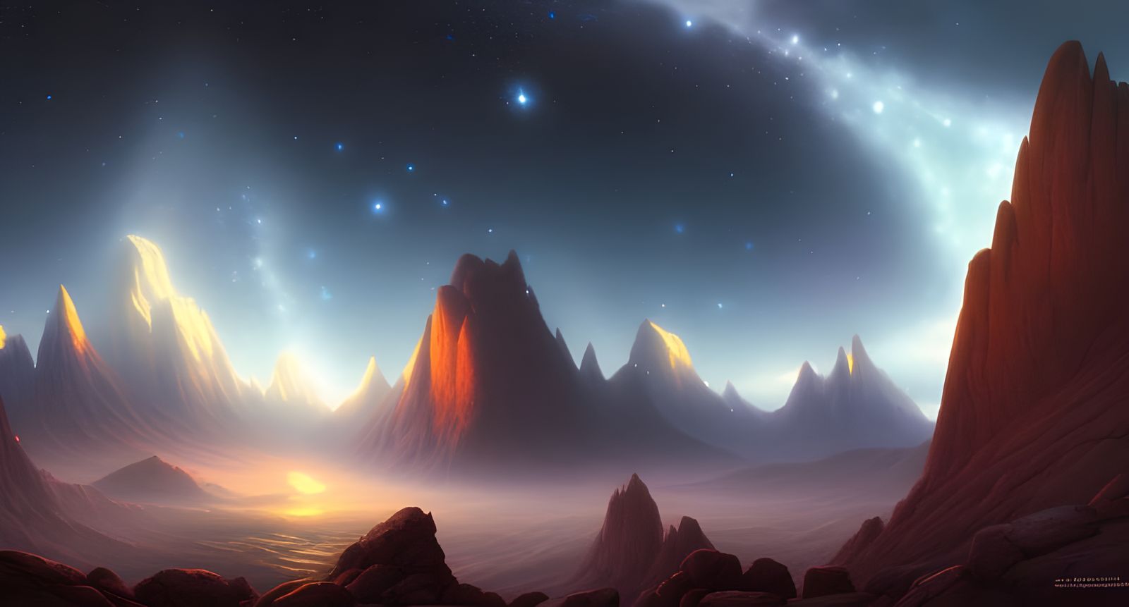 Dreamlike Night Sky Over Rocky Mountain Landscape