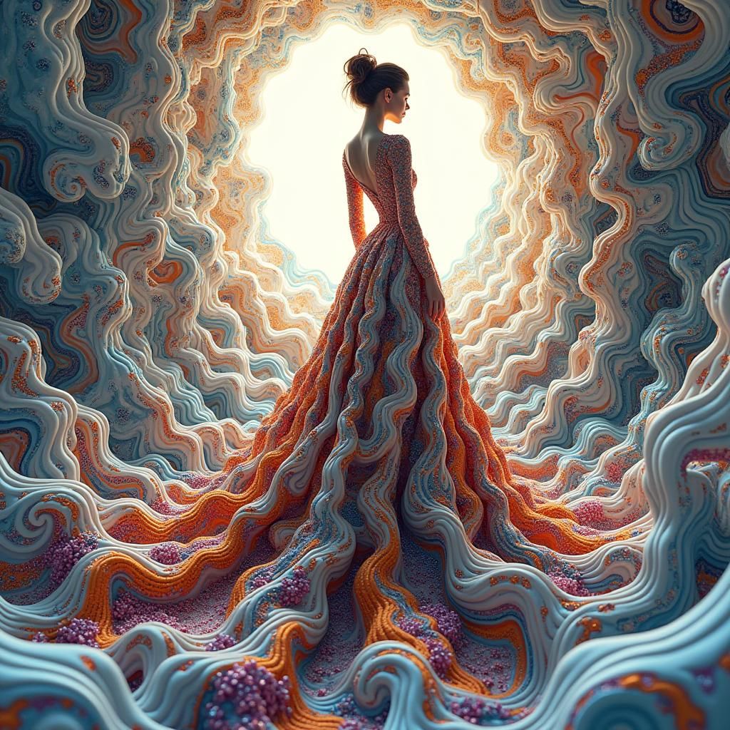 Ethereal Gown with Abstract Fractals and Geometric Patterns