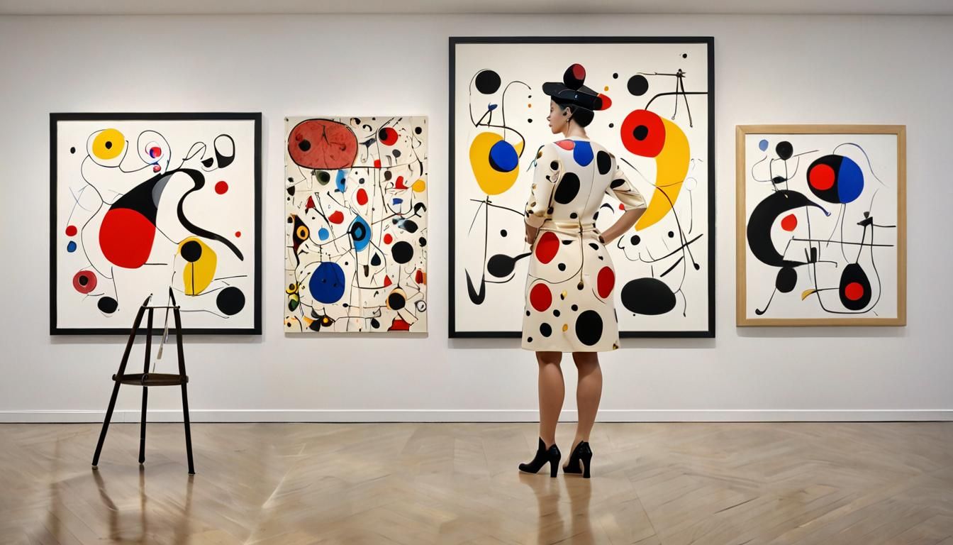 Woman in Miró-Inspired Outfit in Art Gallery