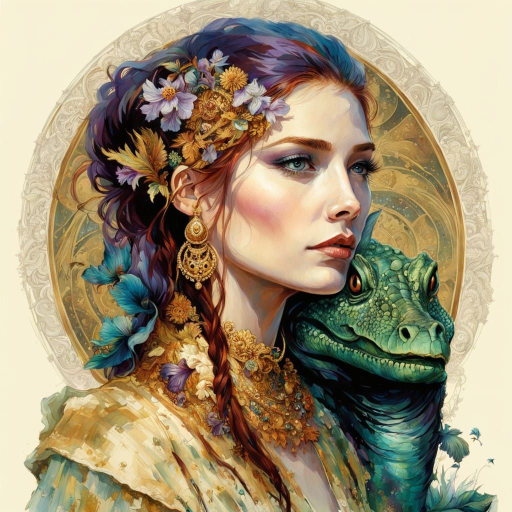 Dark Fantasy Swamp Goddess in Alligator Ride