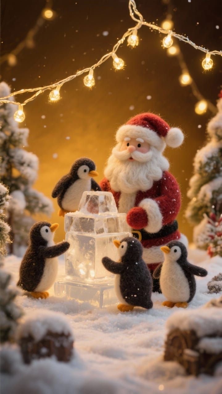 Felted Penguins Build Santa Ice Sculpture with Fairy Lights