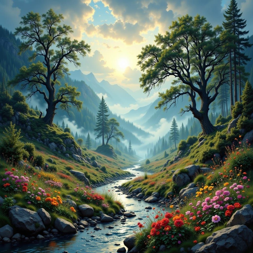 Mysterious Valley Fog Sunlight River Flowerbeds Oak Trees