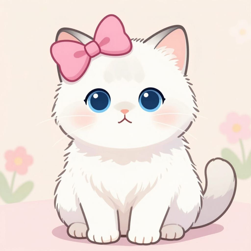 Cute Fluffy Kitten with Pink Bow in Anime Style