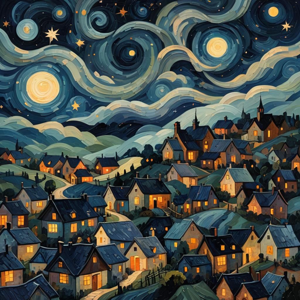 Expressionist Village Under Swirling Starry Night Sky