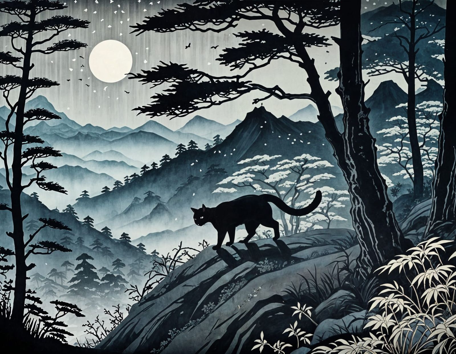 Ukiyo-e Black Cat Ninja, Hokusai Style