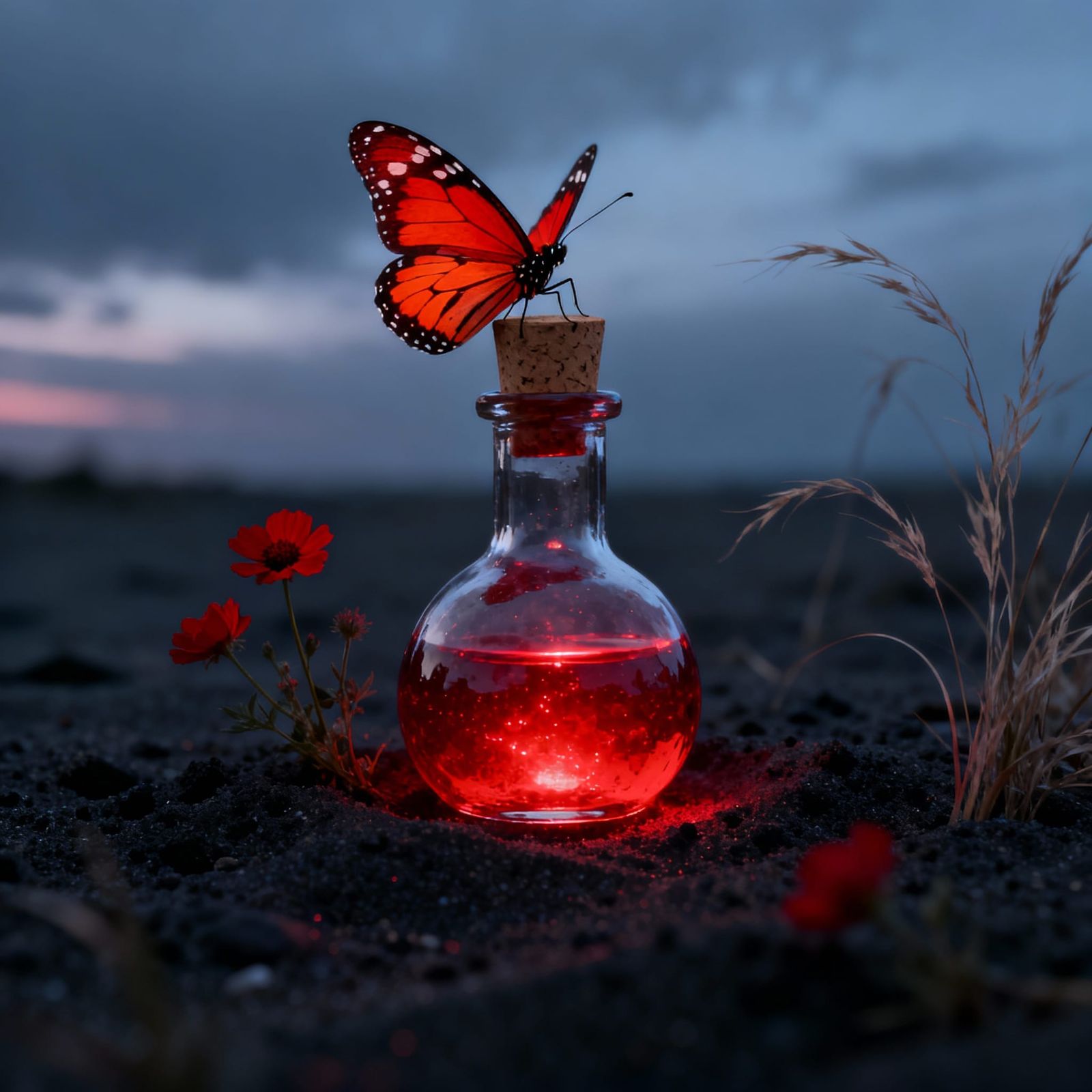 Glowing Potion Bottle with Butterfly on Dark Sand