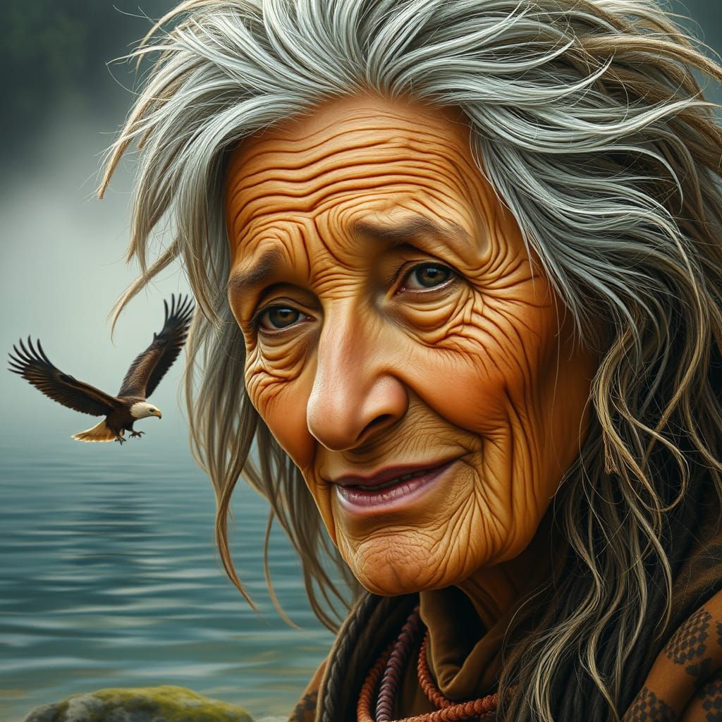 Wisdom of the Ages: Elderly Woman by a Serene Lake