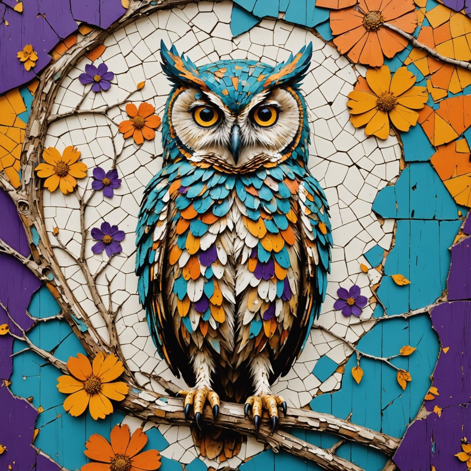 Owl on Tree: Surreal Peeling Plaster Texture