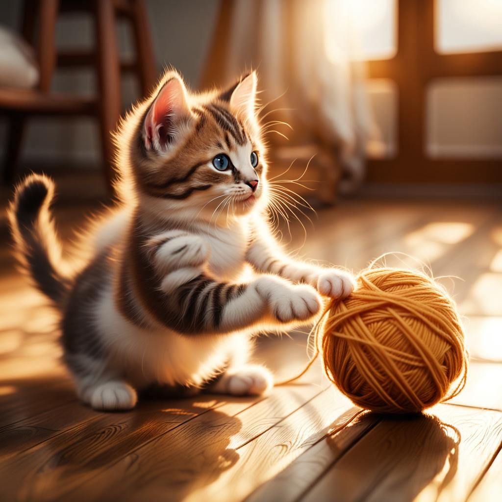 Cute Kitten Pouncing in Cozy Room: Hyper-Realism