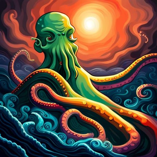 Hyperrealistic Cthulhu: Green Octopus, Dragon, Human Caricat...
