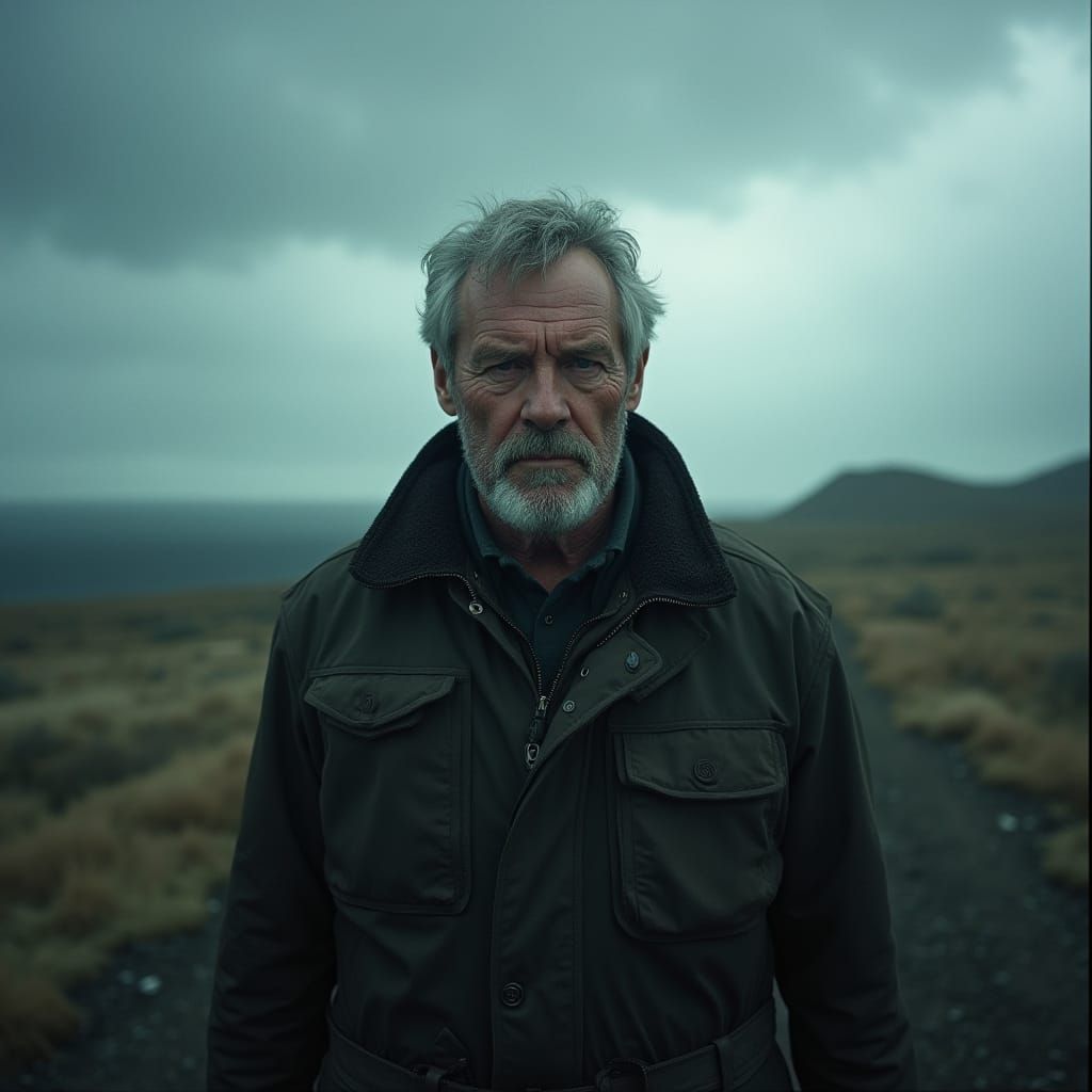 Weathered Man in Dramatic Storm Landscape