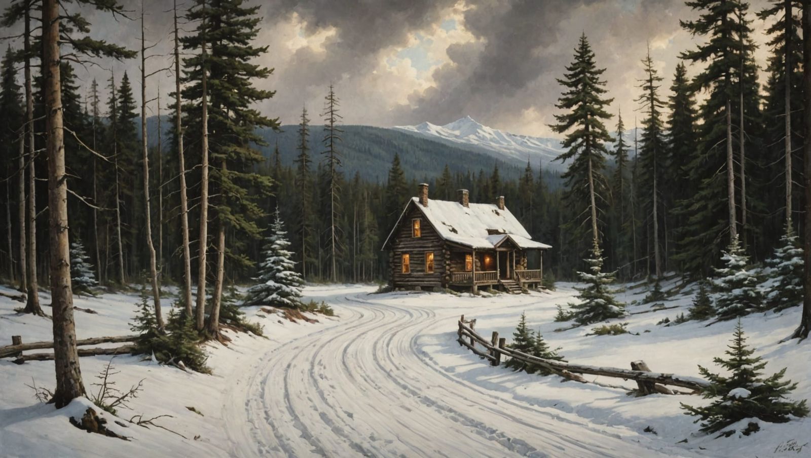 Secluded Cabin in Moody Winter Landscape Painting