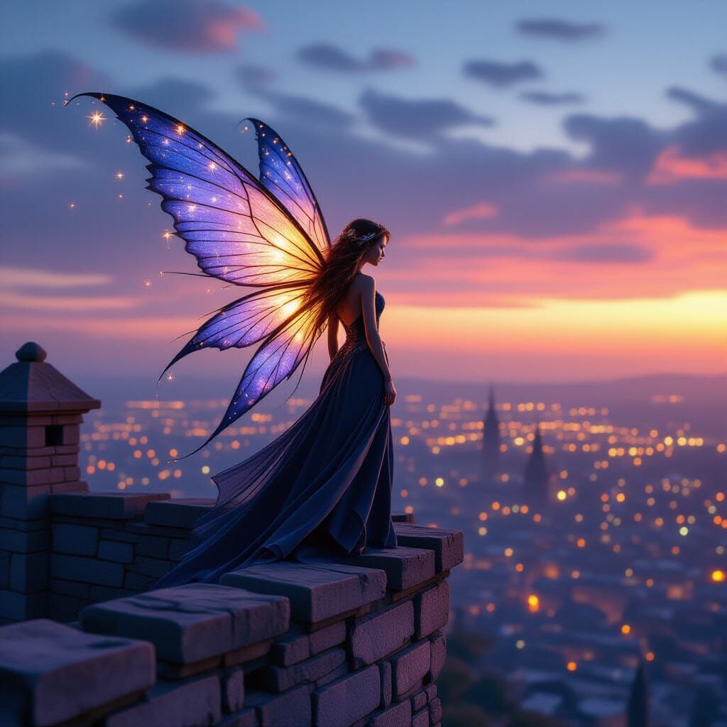 Fairy on Tower Roof at Dusk