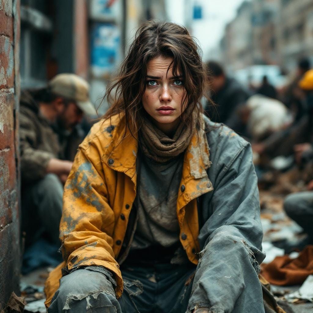 Homeless Woman's Fear: Impressionistic Bokeh Portrait