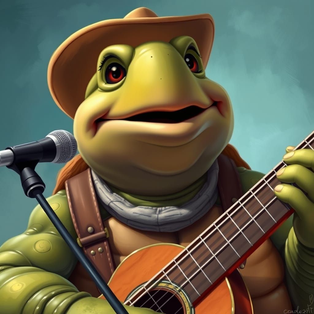Cartoon Turtle Sings Country Music Portrait