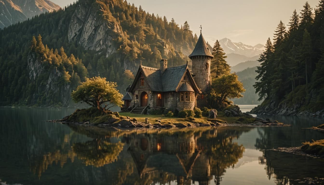 Elven Cottage on Island at Golden Hour