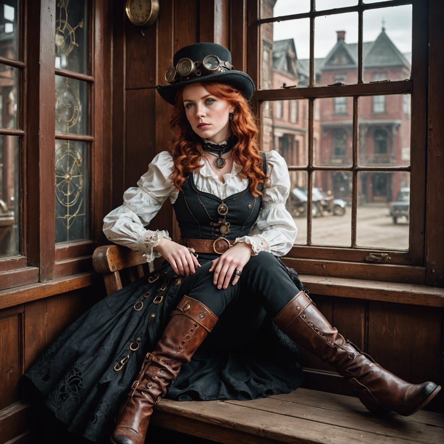 Steampunk Western Ruby-Haired Girl in Saloon