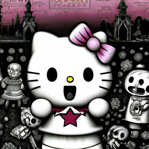 Traumatized Hello Kitty Horror in Engraving Style