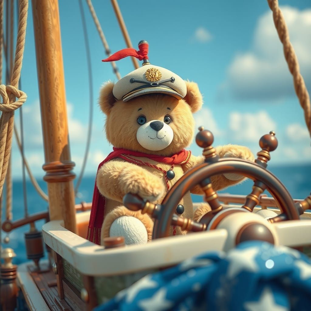 Teddy Bear Captain Steers Sailing Ship: 8K Photorealistic Ar...