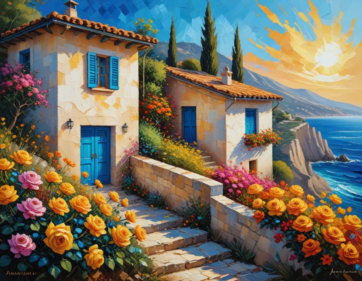 Mediterranean Villa in Impasto Oil Painting