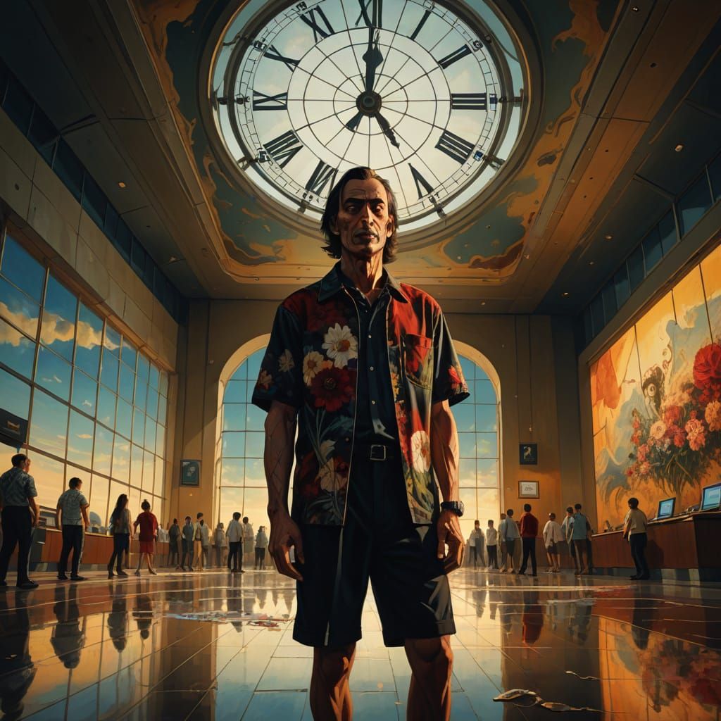 Surreal Vampire in Dreamlike Airport Scene, Inspired by Dali