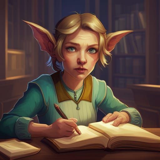 Halfling Woman Portrait in Library, Detailed Concept Art