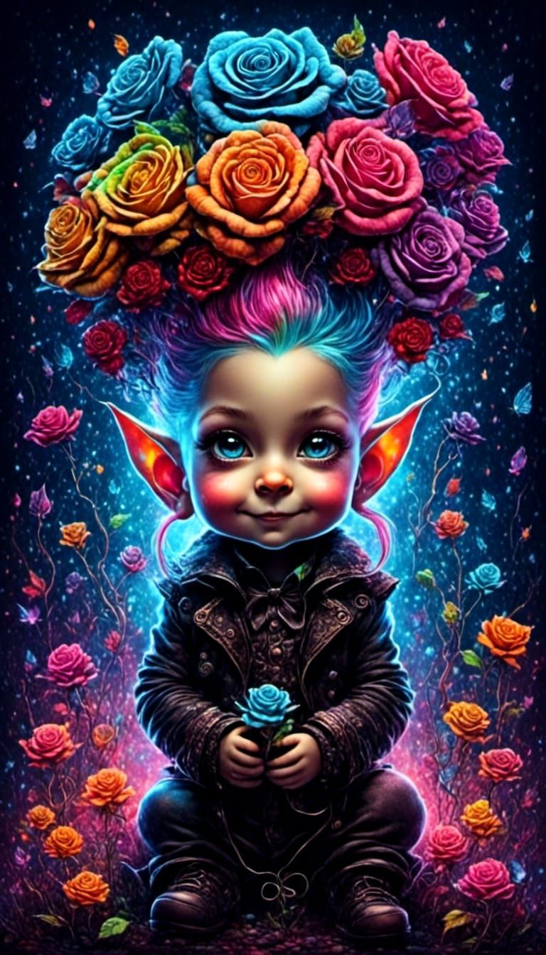 Ethereal-<lora:Kooky:1.0>-Gnome wearing magical-ROSE-goth-attire in a <lora:Gullyism:1.0> world |