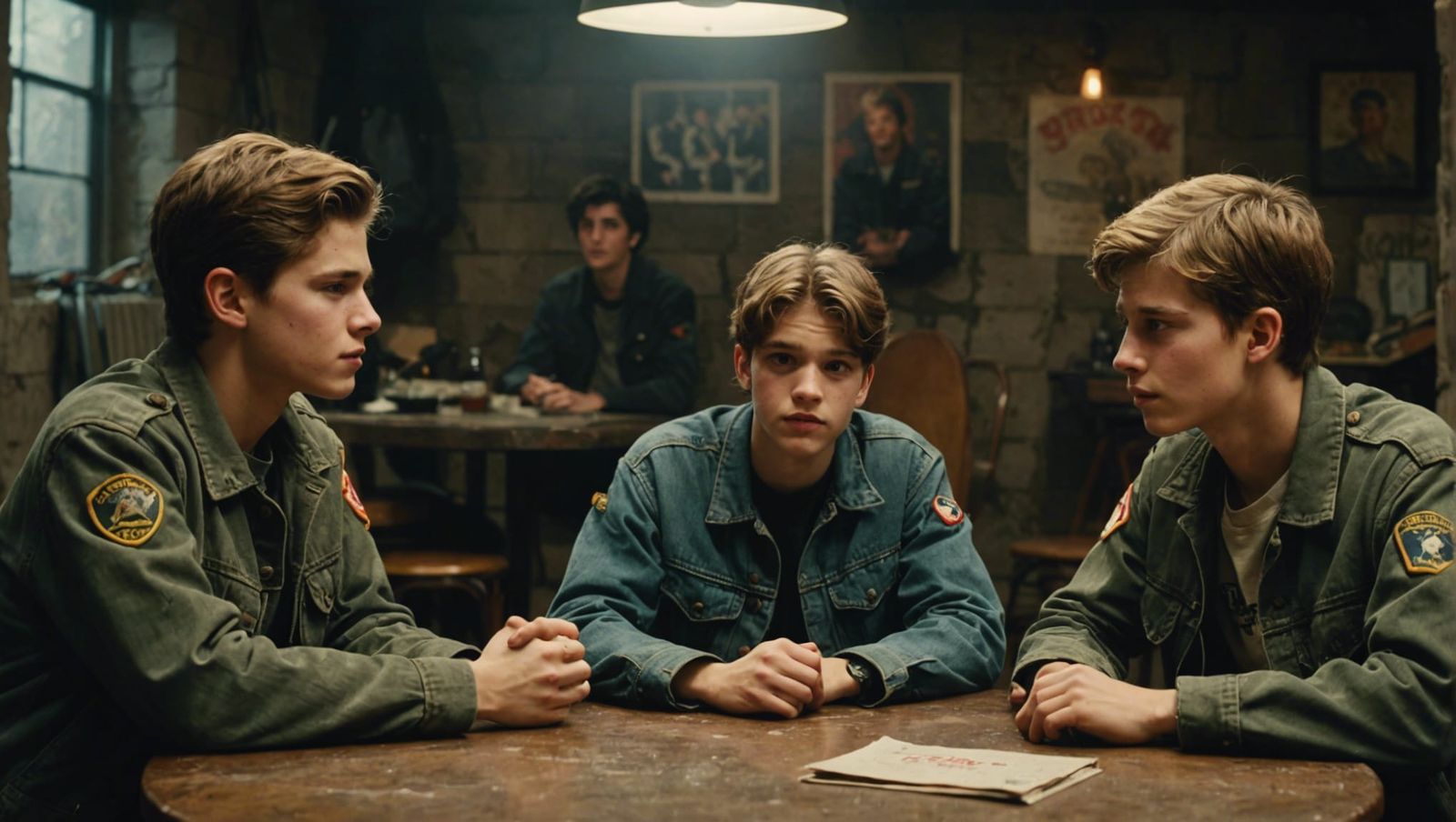 teenaged boys dressed in old army jackets sitting at a round table in their parents basement