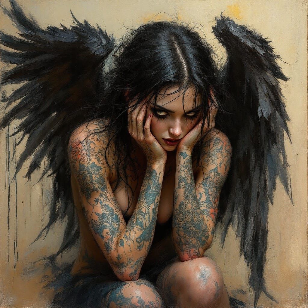 Fallen Angel with Tattoos, Impressionist Impasto