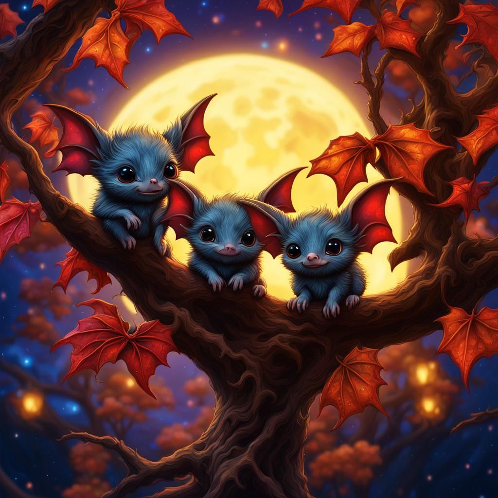 Chibi Vampire Bats in Galaxy Sky, Art Nouveau Style