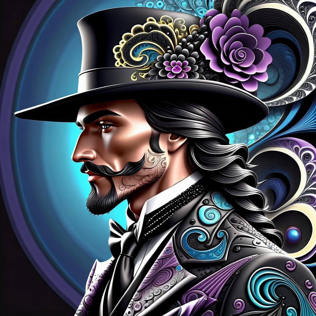 right side profile of dashing rogue wearing an outlandish foppish black hat with black beads and flowers and a swirled p...