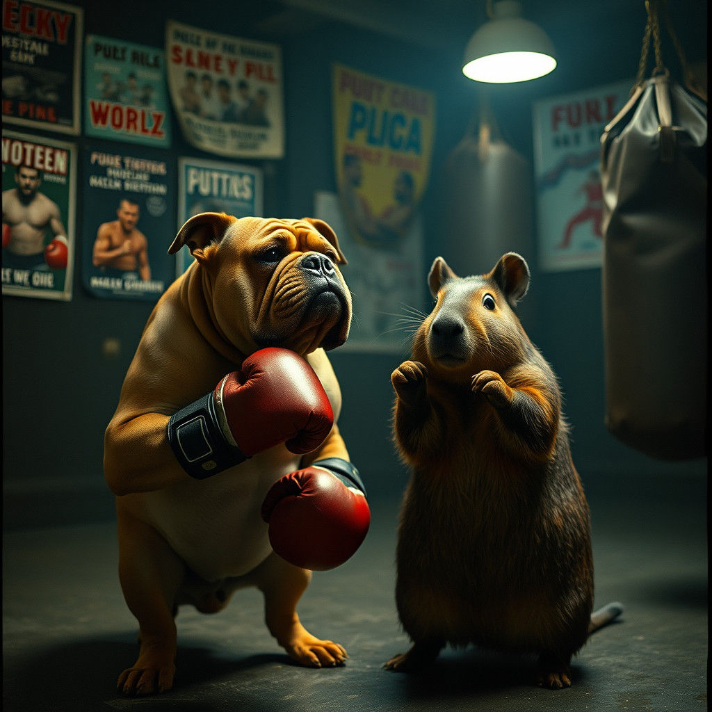 Bulldog and Capybara Sparring: Cinematic Boxing Gym