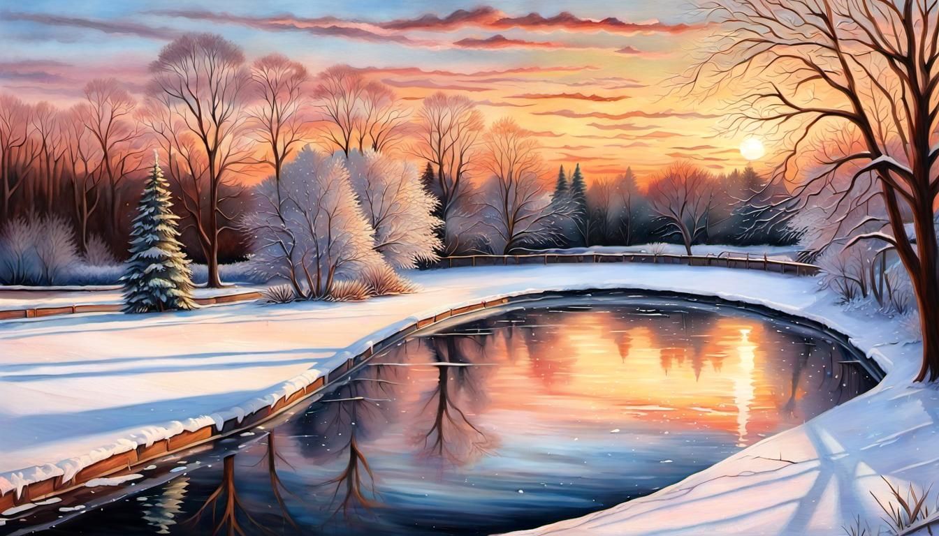 Serene Ice Skating Pond at Sunset in Gouache Style