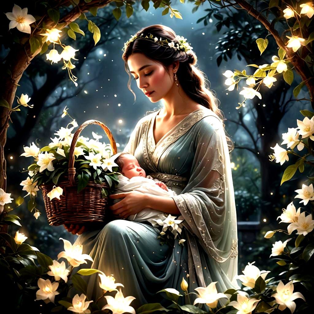 Mother and Newborn in Floral Basket, Fantasy Art