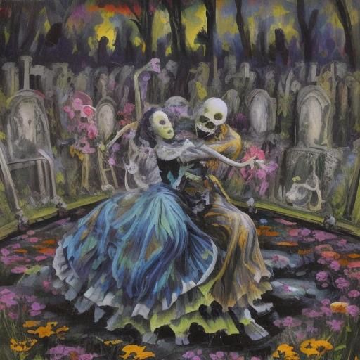early 1500s  complete skeletons dancing through graveyard wi...