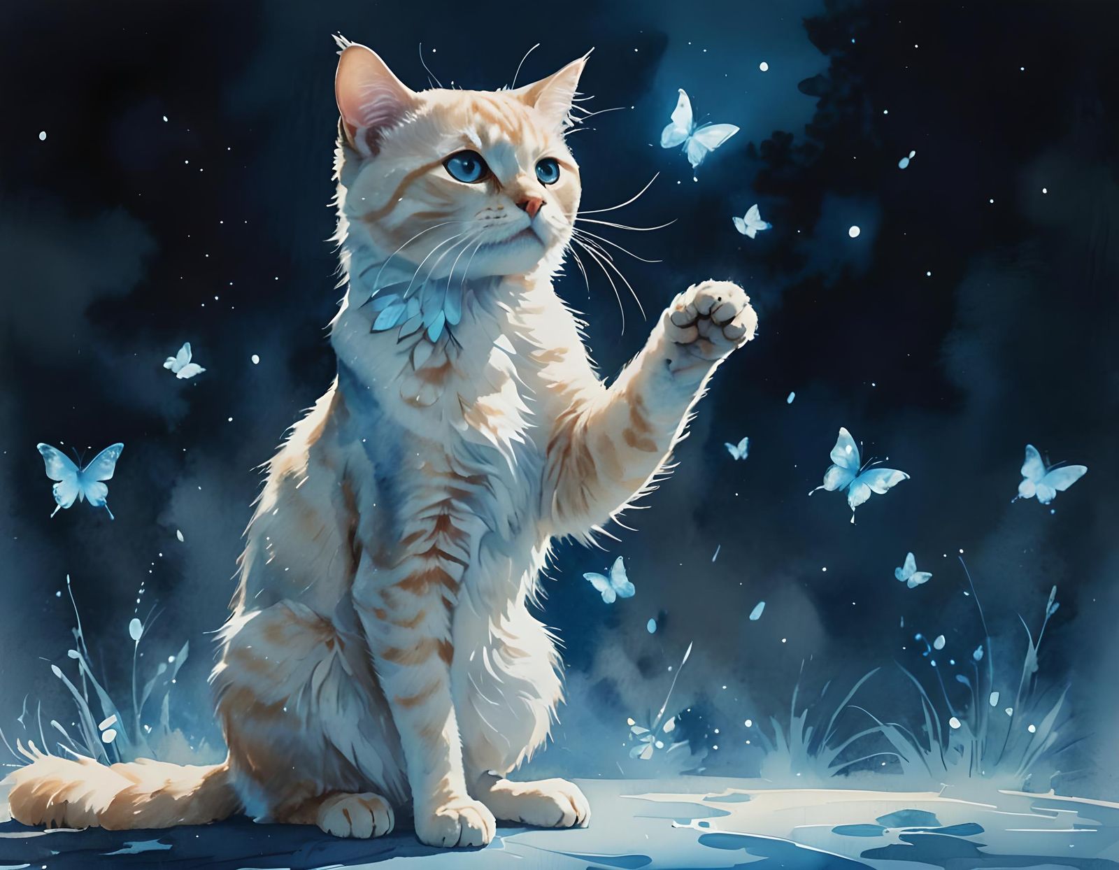 Cat and Butterfly Watercolor Painting with Ethereal Lights