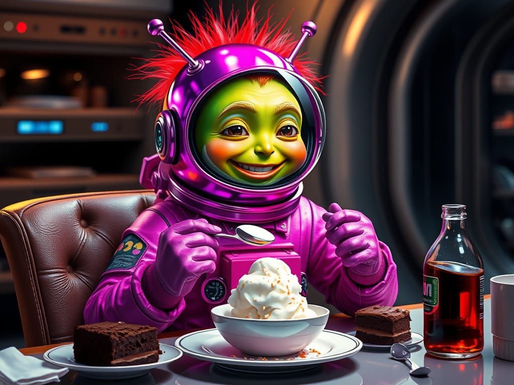 Happy Alien Enjoying Ice Cream in Moonbase