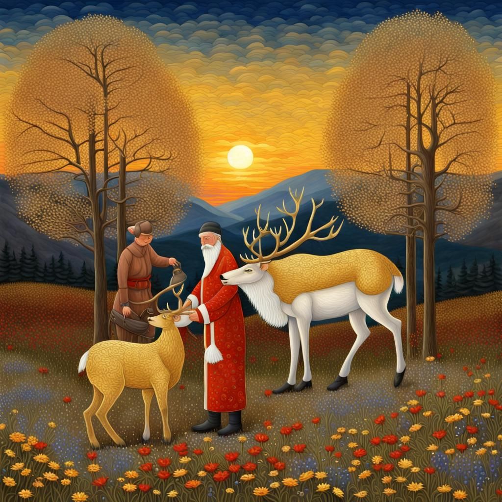 Golden Mosaic: Santa and Reindeer in Byzantine Style