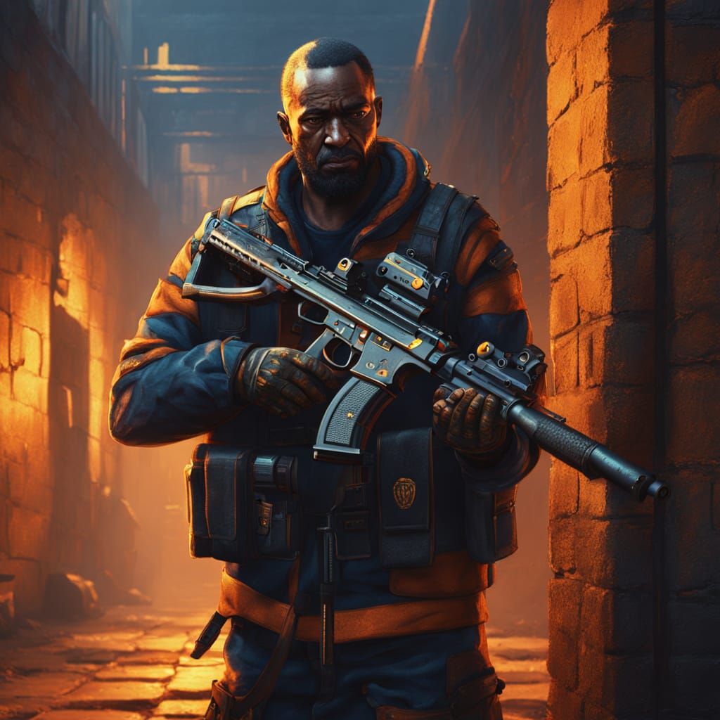 Fantasy Prisoner with MP5 in Oil Painting Style