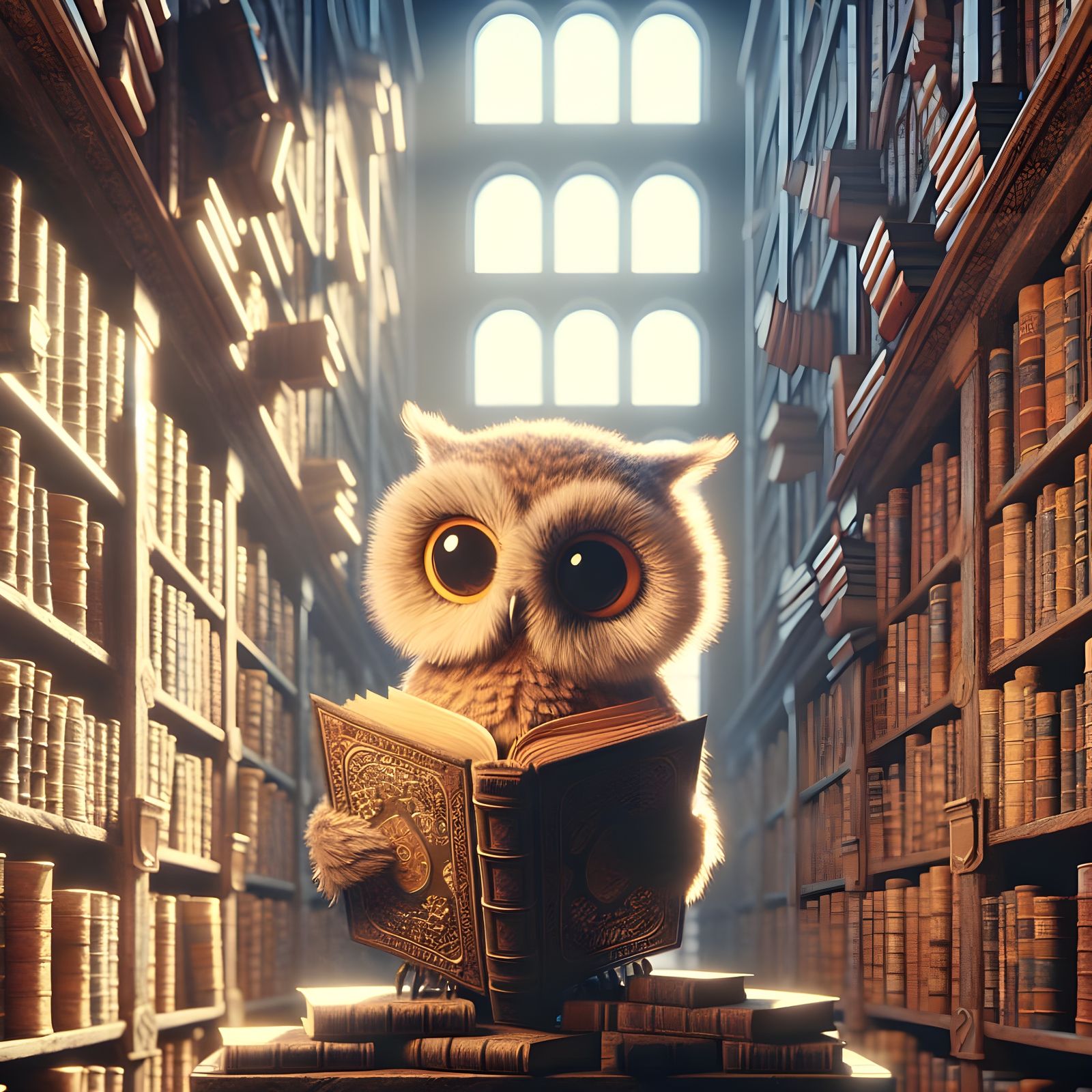 Owl in Ancient Library Study, Illuminated by Golden Light