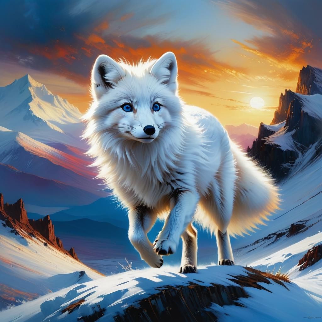 Arctic Fox Leaping at Sunset: Digital Matte Painting