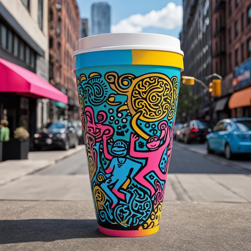 Whimsical Beatles Mural in Bright Latte Cup