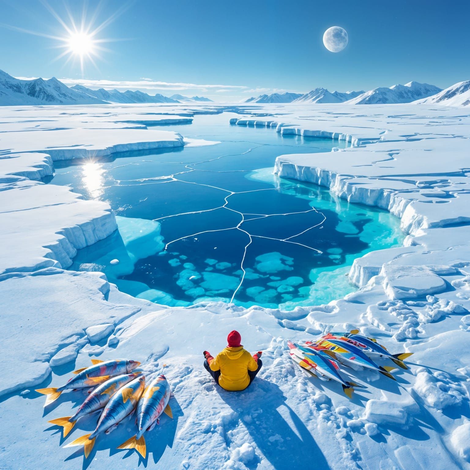 Futuristic Ice Fisherman Meditating by Baikal-like Lake